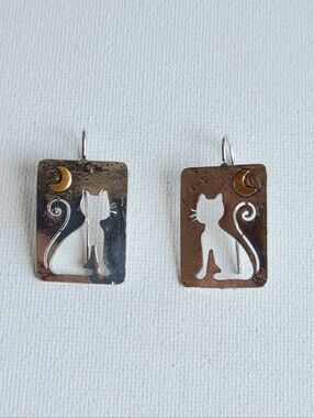 Silver Hallow Cat Moon Pendant Earrings - Two-Tone Silver Gold NWOT Halloween
